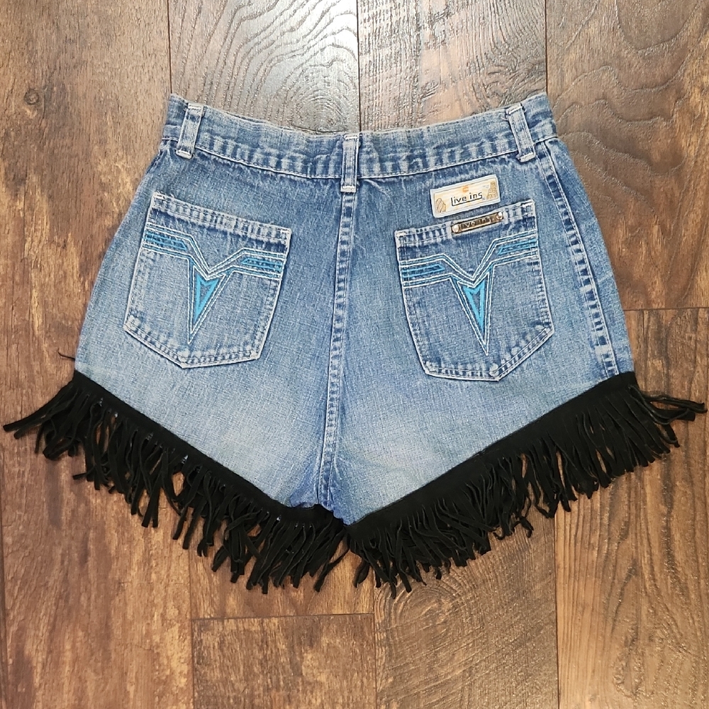 Live ins Vintage 70s Blue Jean Shorts with Black Fringe